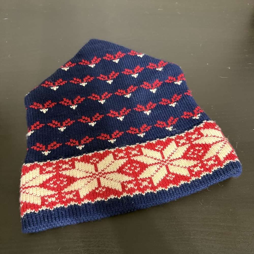 Mountain Ladies & Ewe Handmade VERMONT-100% Wool BEANIE/NORDIC Hat Red Blue